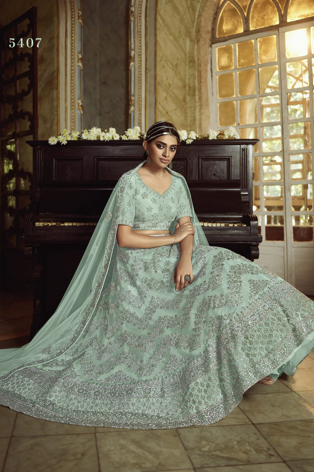 Sky Blue Pakistani Net Lehenga Choli For Indian Festivals & Weddings - , Dori Work, Zarkan Work