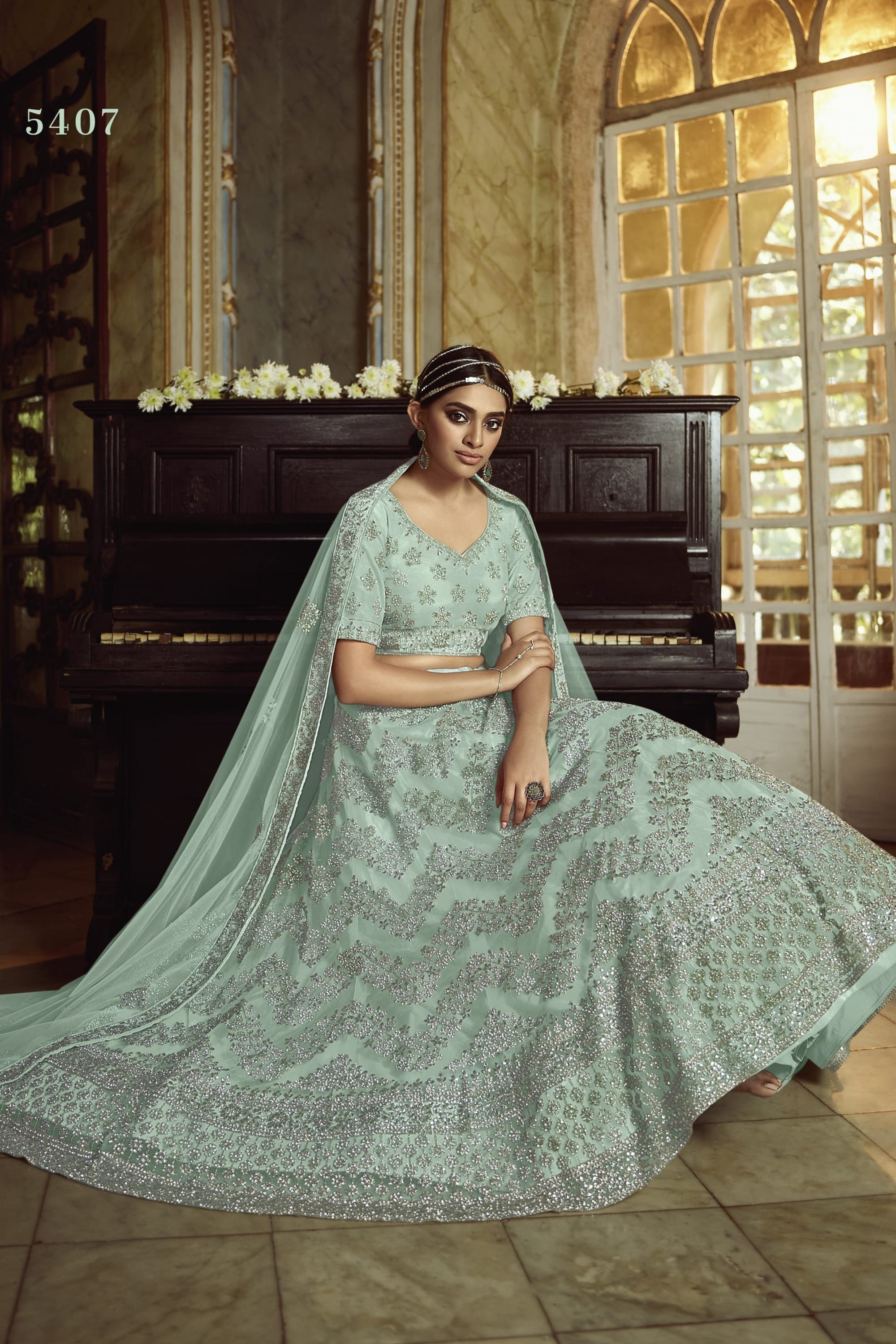 Sky Blue Pakistani Net Lehenga Choli For Indian Festivals & Weddings - , Dori Work, Zarkan Work