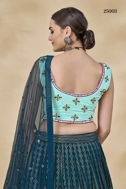 Teal Pakistani Georgette Lehenga Choli For Indian Festivals & Weddings - Sequence Embroidery Work, Thread Embroidery Work, Mirror Work