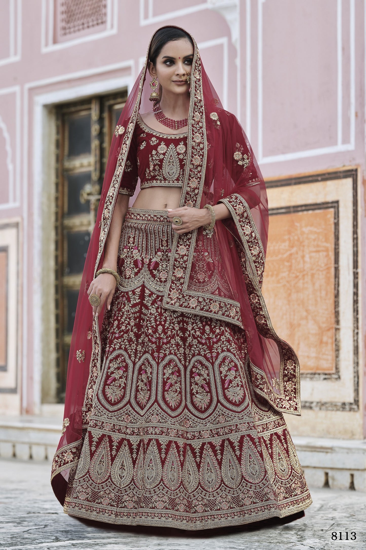 Maroon Pakistani Velvet Lehenga Choli For Indian Festivals & Weddings - Thread Embroidery Work,