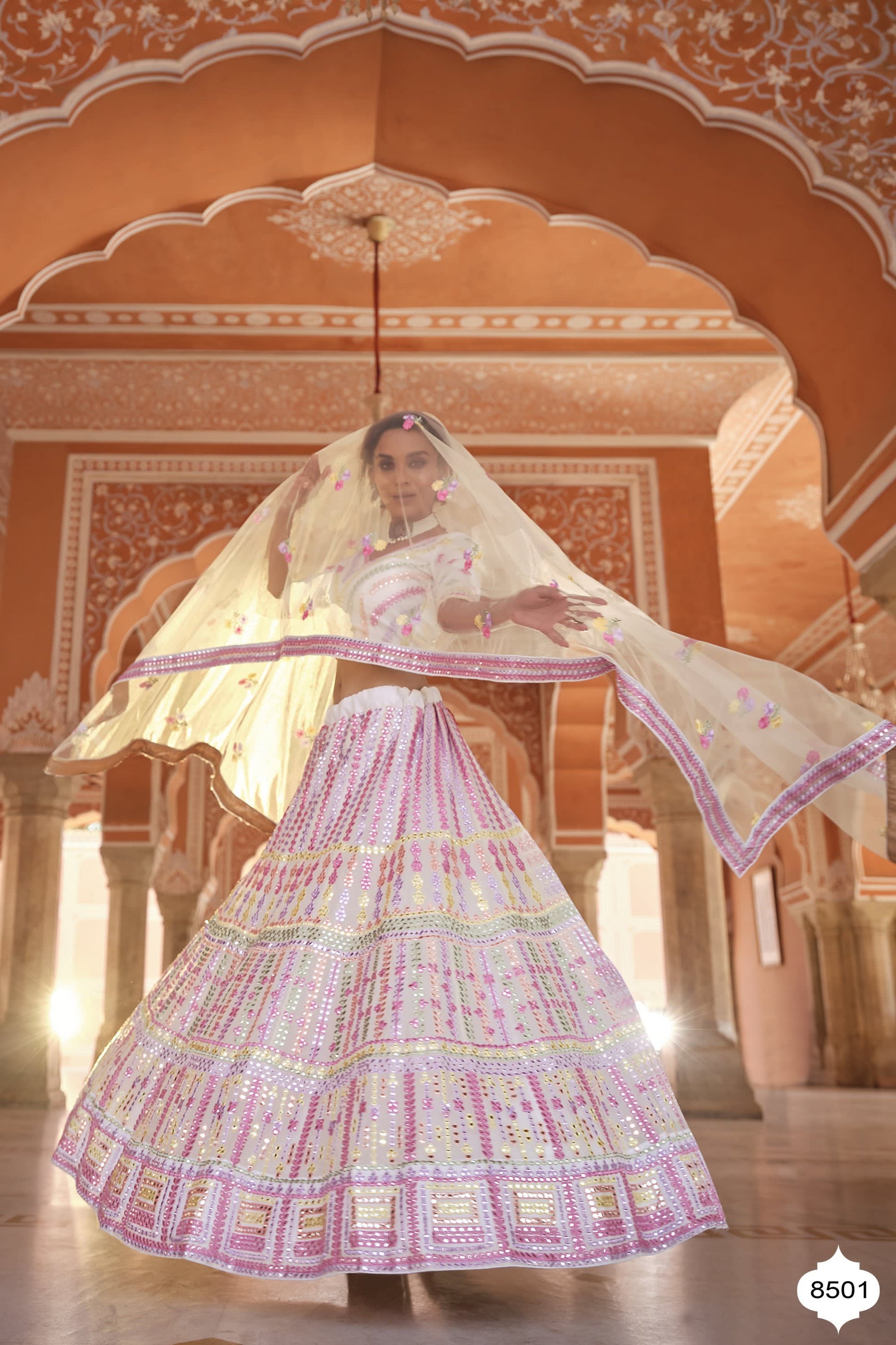 White Pakistani Organza Lehenga Choli For Indian Festivals & Weddings - Thread Embroidery Work,