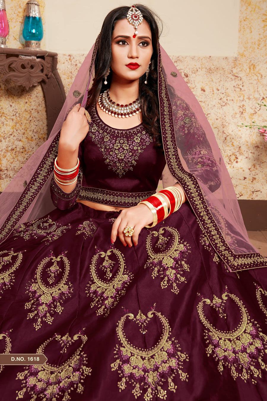 Brown Pakistani Satin Lehenga Choli For Indian Festivals & Weddings - Resham Embroidery Work, Stone Work, Zari Work, Pearl Work