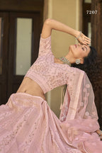Baby Pink Pakistani Satin Lehenga Choli For Indian Festivals & Weddings - Sequence Embroidery Work, Thread Embroidery Work, Zari Work