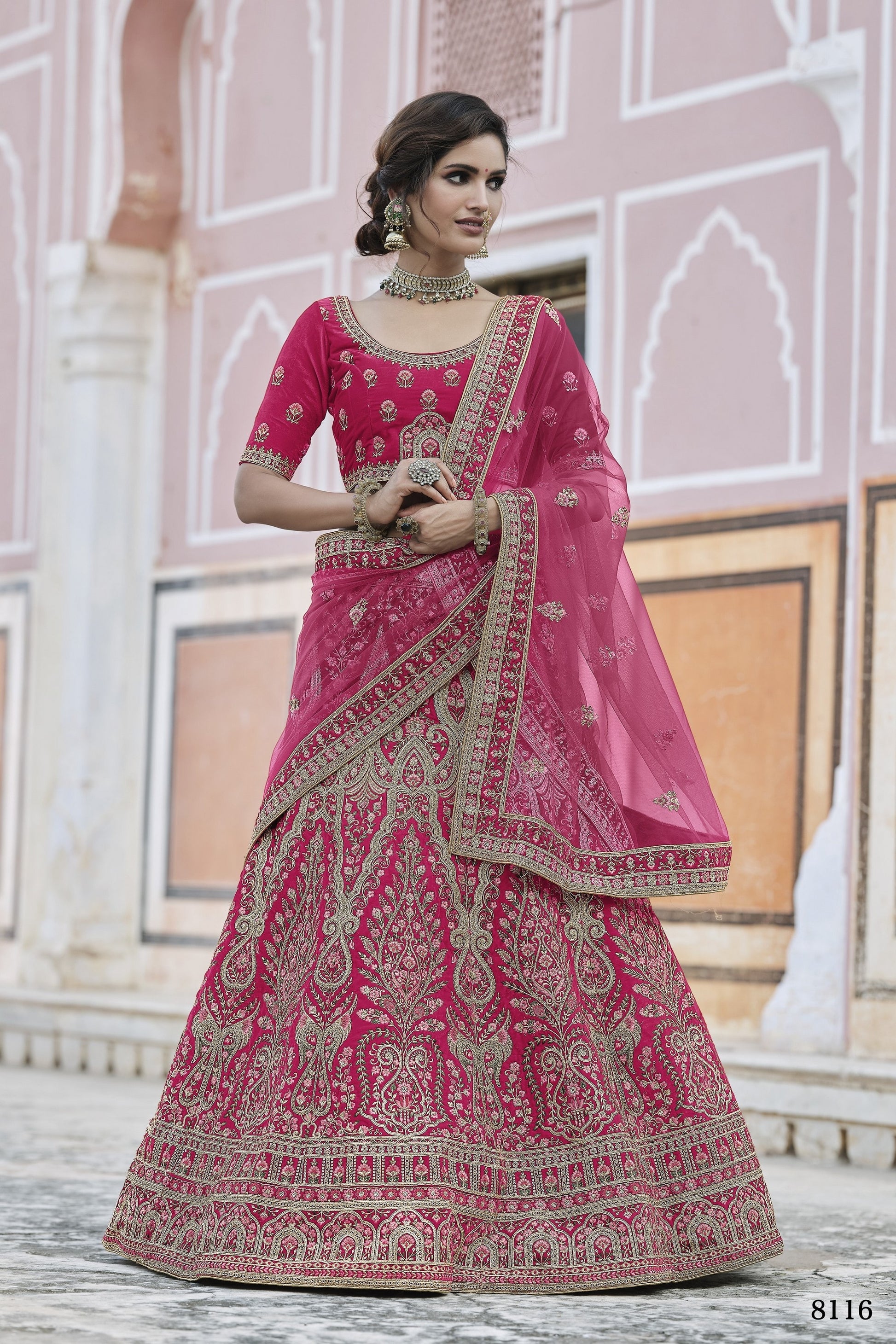 Pink Pakistani Velvet Lehenga Choli For Indian Festivals & Weddings - Thread Embroidery Work,