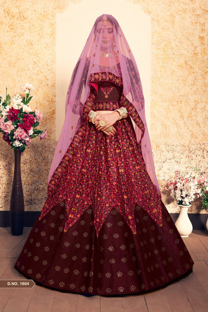 Maroon Pakistani Satin Lehenga Choli For Indian Festivals & Weddings - Thread Embroidery Work, Stone Work, Swarovski Work