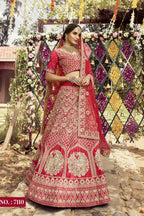 Red Pakistani Raw Silk Lehenga Choli For Indian Festivals & Weddings - , Zari Work, Dori Work, Zarkan Work