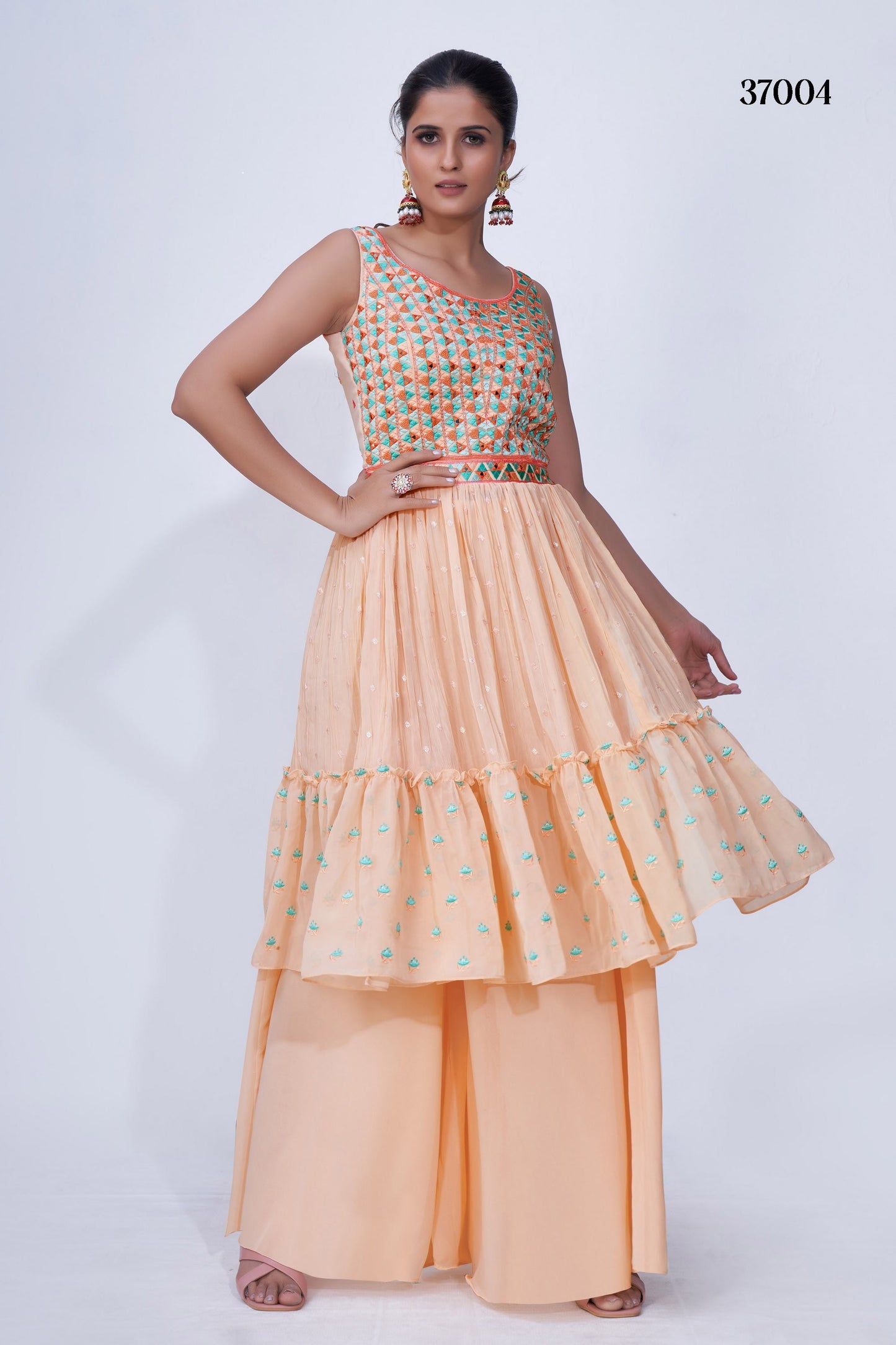 Peach Pakistani Chiffon Plazo For Indian Festivals & Weddings - Thread Embroidery Work, Mirror Work, Beads Work