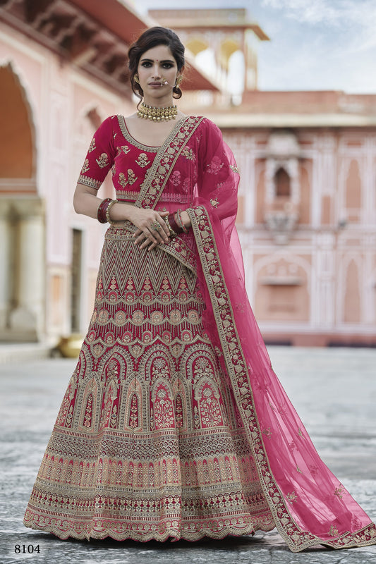 Pink Pakistani Velvet Lehenga Choli For Indian Festivals & Weddings - Thread Embroidery Work,