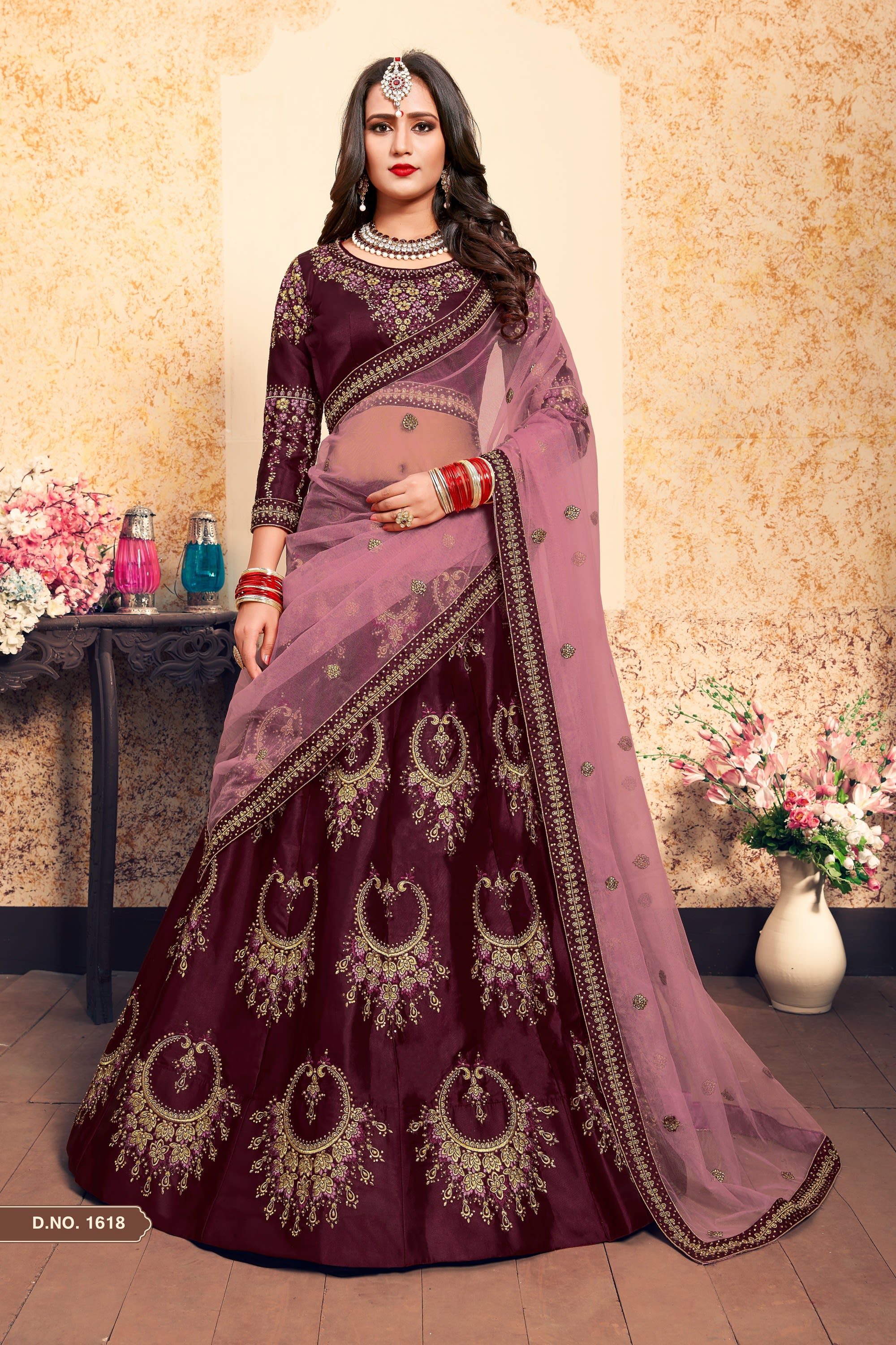 Brown Pakistani Satin Lehenga Choli For Indian Festivals & Weddings - Resham Embroidery Work, Stone Work, Zari Work, Pearl Work