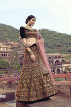 Navy Blue Pakistani Velvet Lehenga Choli For Indian Festivals & Weddings - Sequence Embroidery Work, Thread Embroidery Work, Zari Work, Zarkan Work