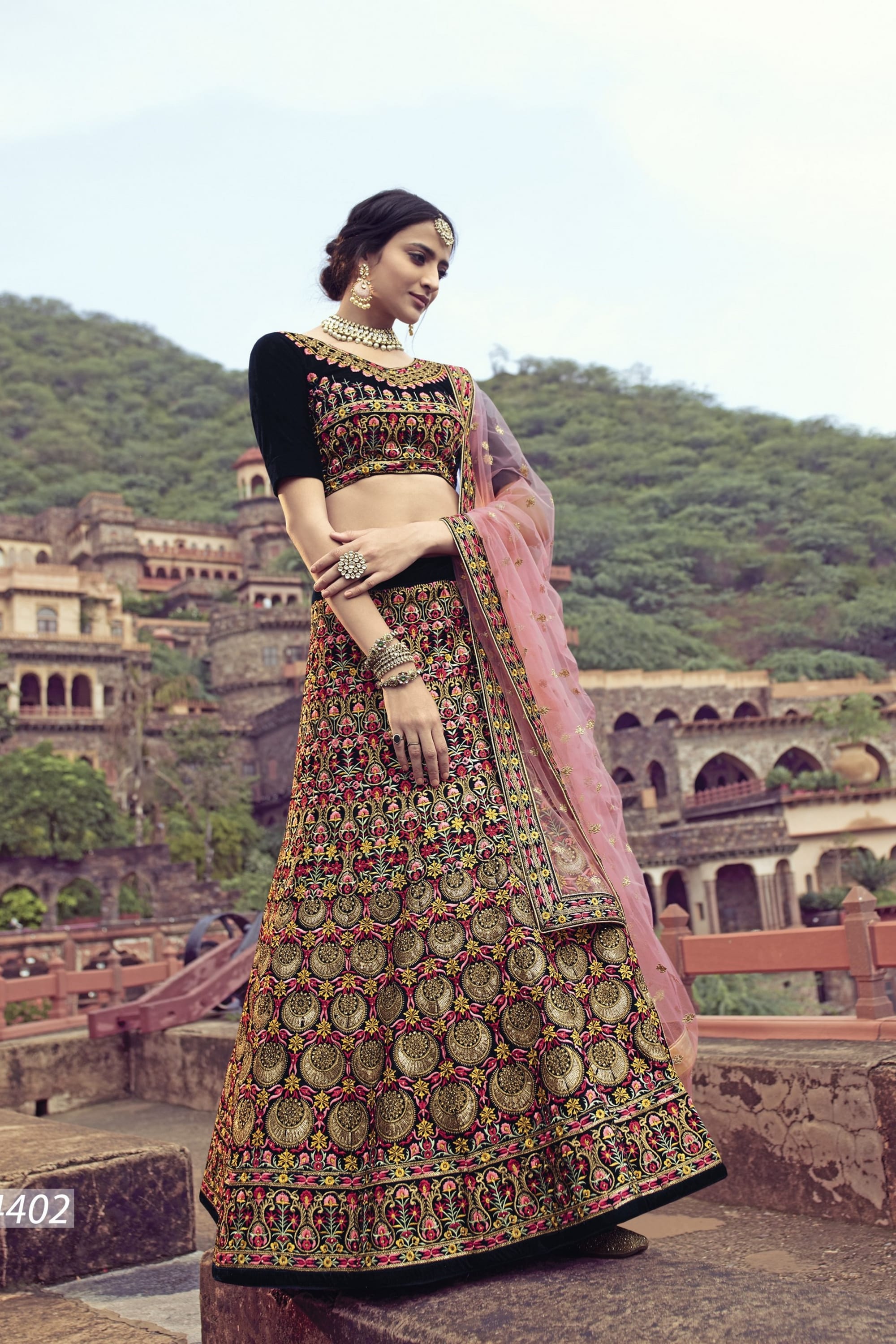 Navy Blue Pakistani Velvet Lehenga Choli For Indian Festivals & Weddings - Sequence Embroidery Work, Thread Embroidery Work, Zari Work, Zarkan Work