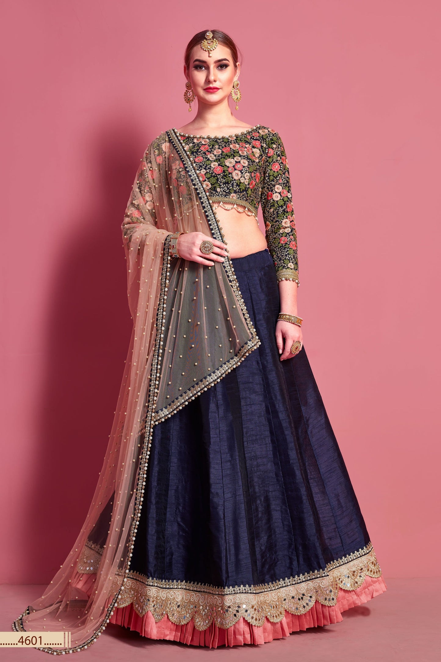 Navy Blue Pakistani Net Lehenga Choli For Indian Festivals & Weddings - Embroidery Work,