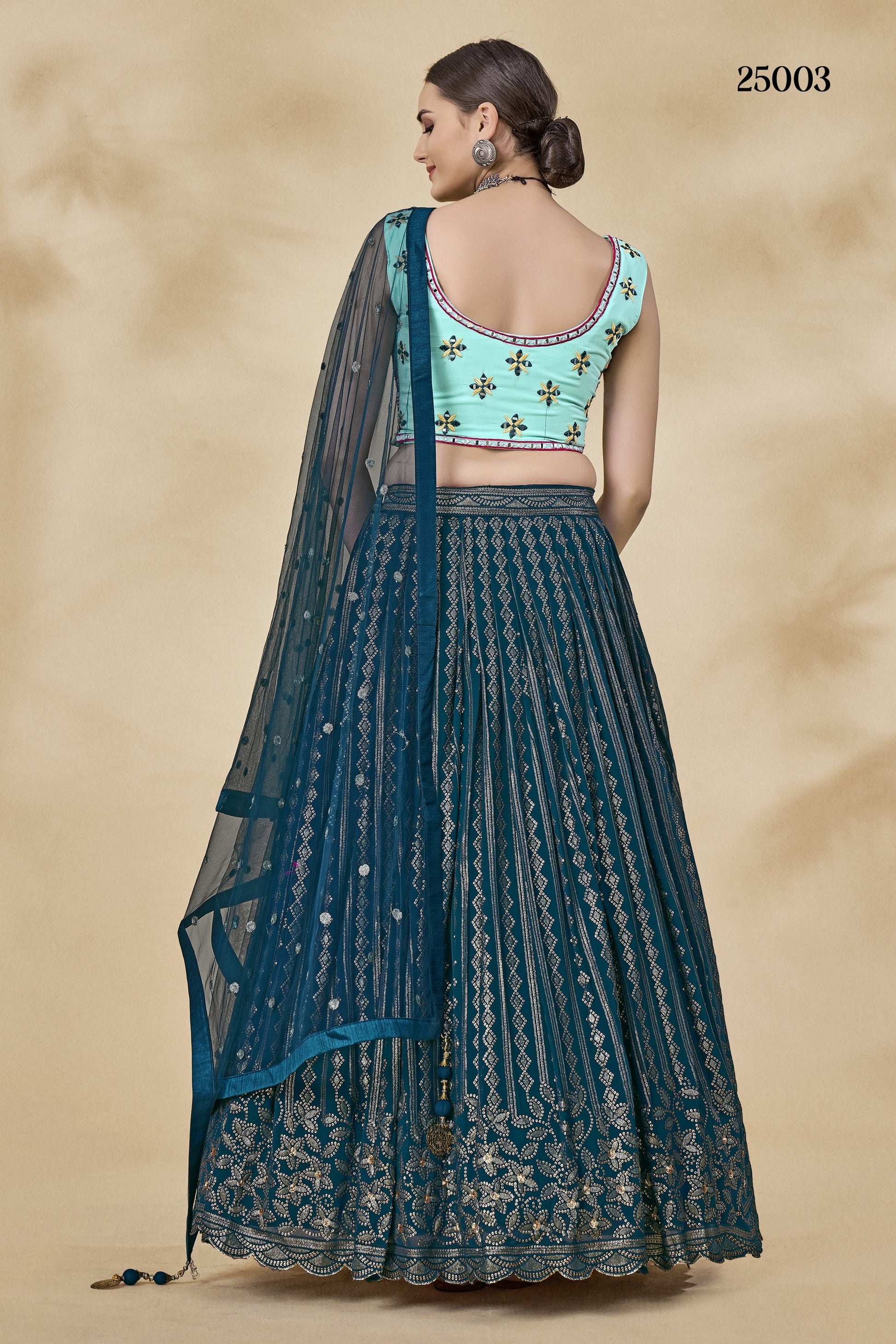 Teal Pakistani Georgette Lehenga Choli For Indian Festivals & Weddings - Sequence Embroidery Work, Thread Embroidery Work, Mirror Work