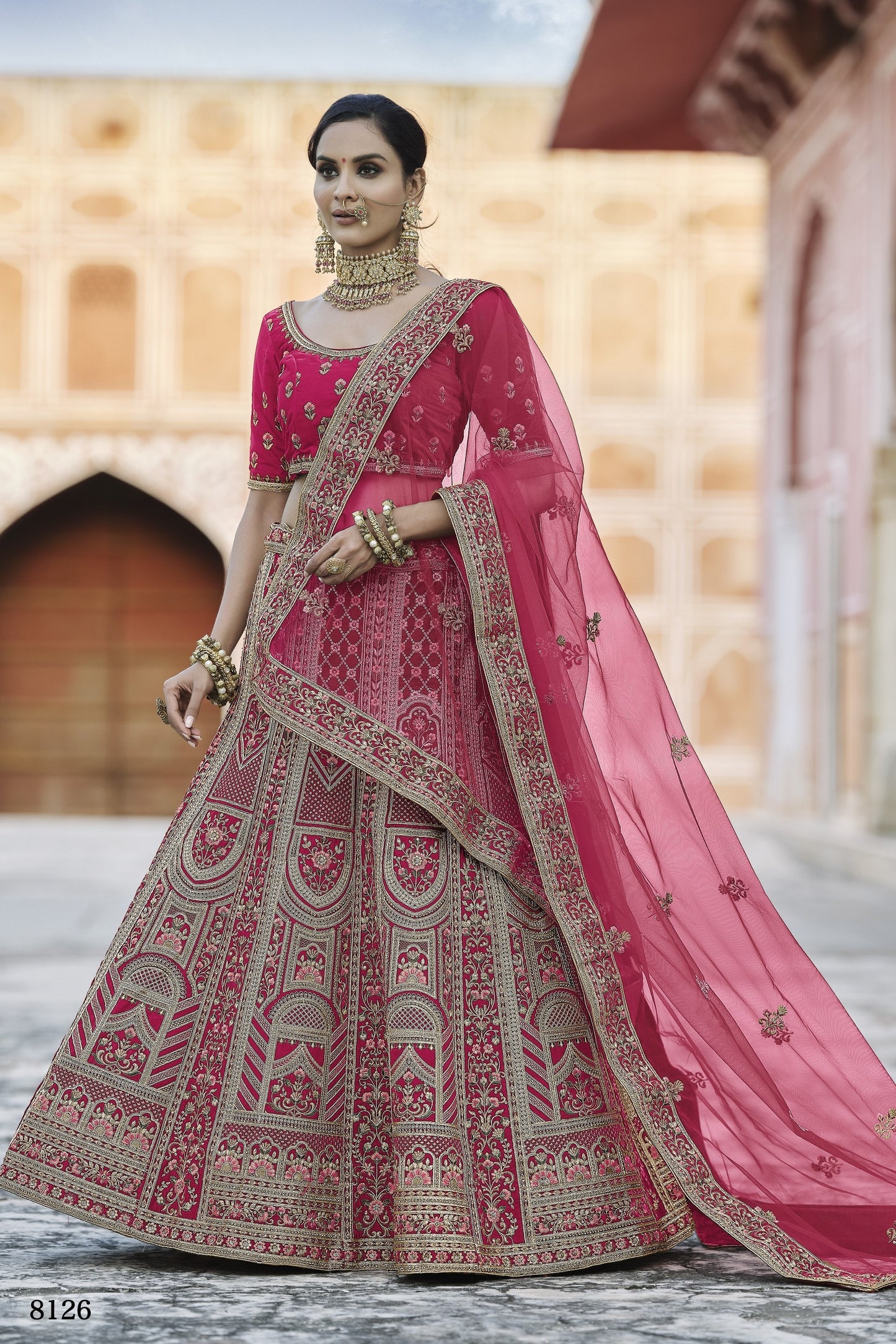 Pink Pakistani Velvet Lehenga Choli For Indian Festivals & Weddings - Thread Embroidery Work,