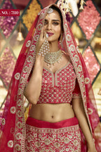 Red Pakistani Raw Silk Lehenga Choli For Indian Festivals & Weddings - , Zari Work, Dori Work, Zarkan Work