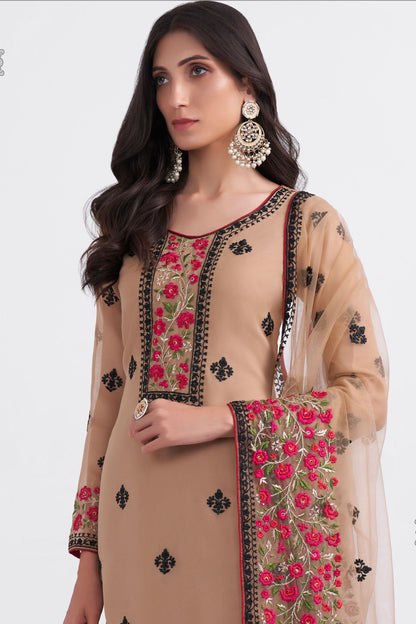 Brown Pakistani Georgette Salwar Kameez For Indian Festivals & Weddings - Sequence Embroidery Work, Thread Embroidery Work, Stone Work, Zari Work