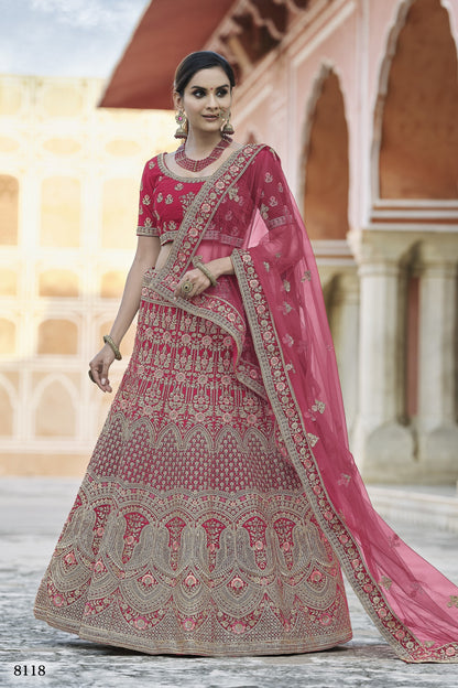 Pink Pakistani Velvet Lehenga Choli For Indian Festivals & Weddings - Thread Embroidery Work,