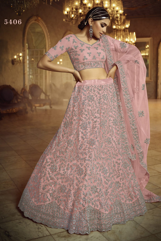 Pink Pakistani Net Lehenga Choli For Indian Festivals & Weddings - , Dori Work, Zarkan Work
