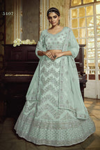 Sky Blue Pakistani Net Lehenga Choli For Indian Festivals & Weddings - , Dori Work, Zarkan Work