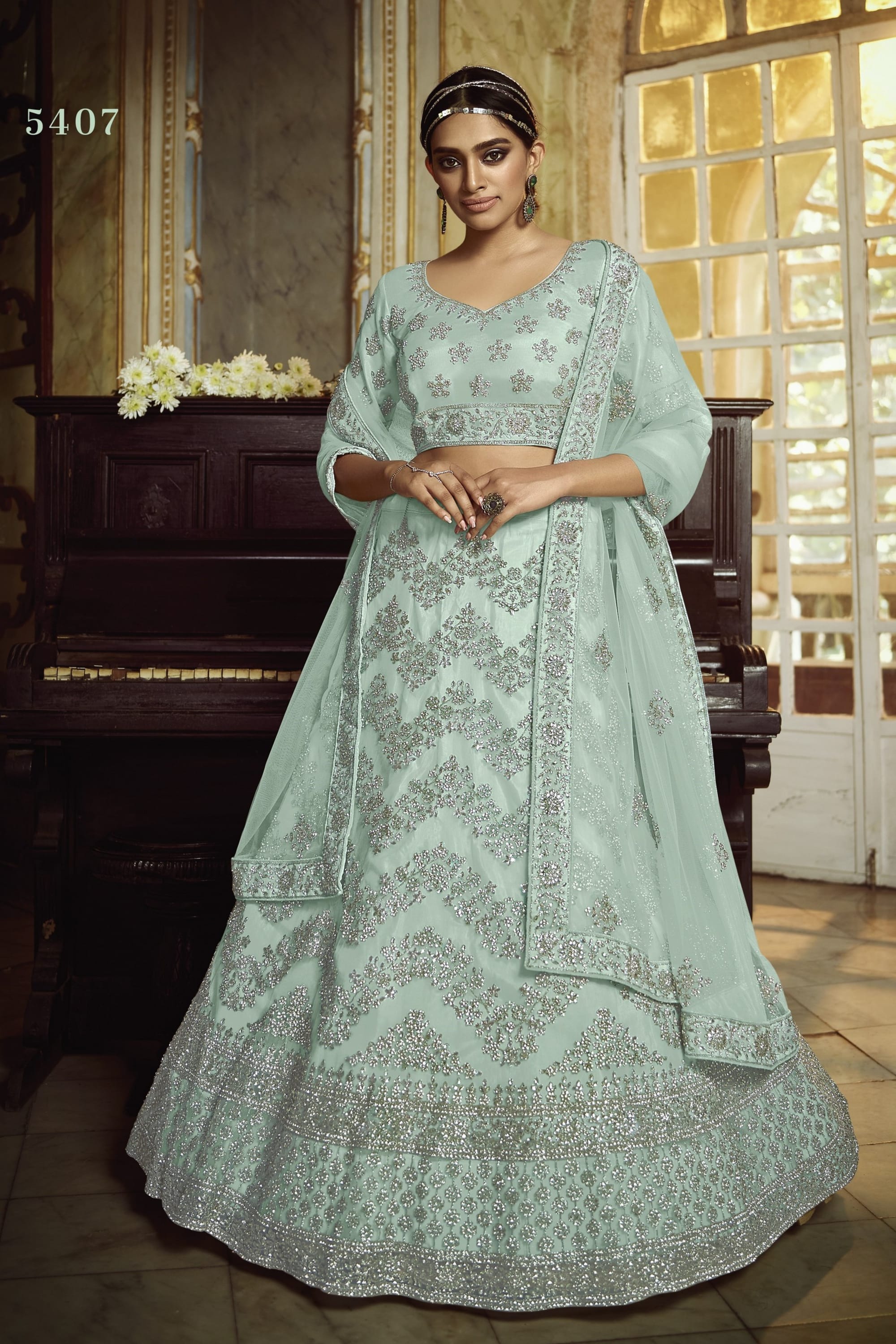 Sky Blue Pakistani Net Lehenga Choli For Indian Festivals & Weddings - , Dori Work, Zarkan Work