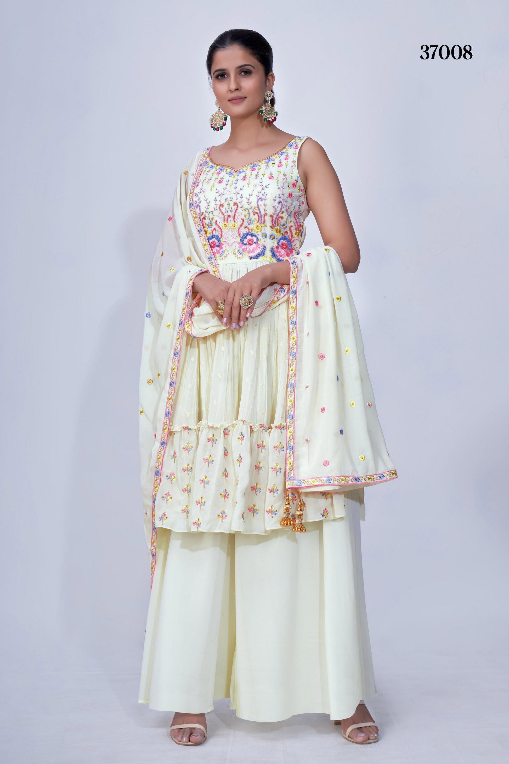 Cream Pakistani Chiffon Plazo For Indian Festivals & Weddings - Thread Embroidery Work, Mirror Work, Beads Work