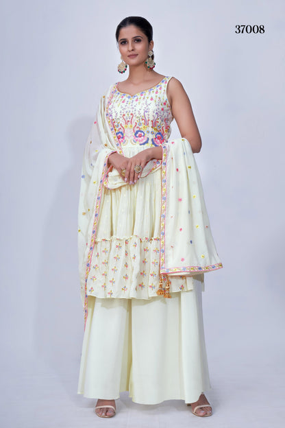 Cream Pakistani Chiffon Plazo For Indian Festivals & Weddings - Thread Embroidery Work, Mirror Work, Beads Work