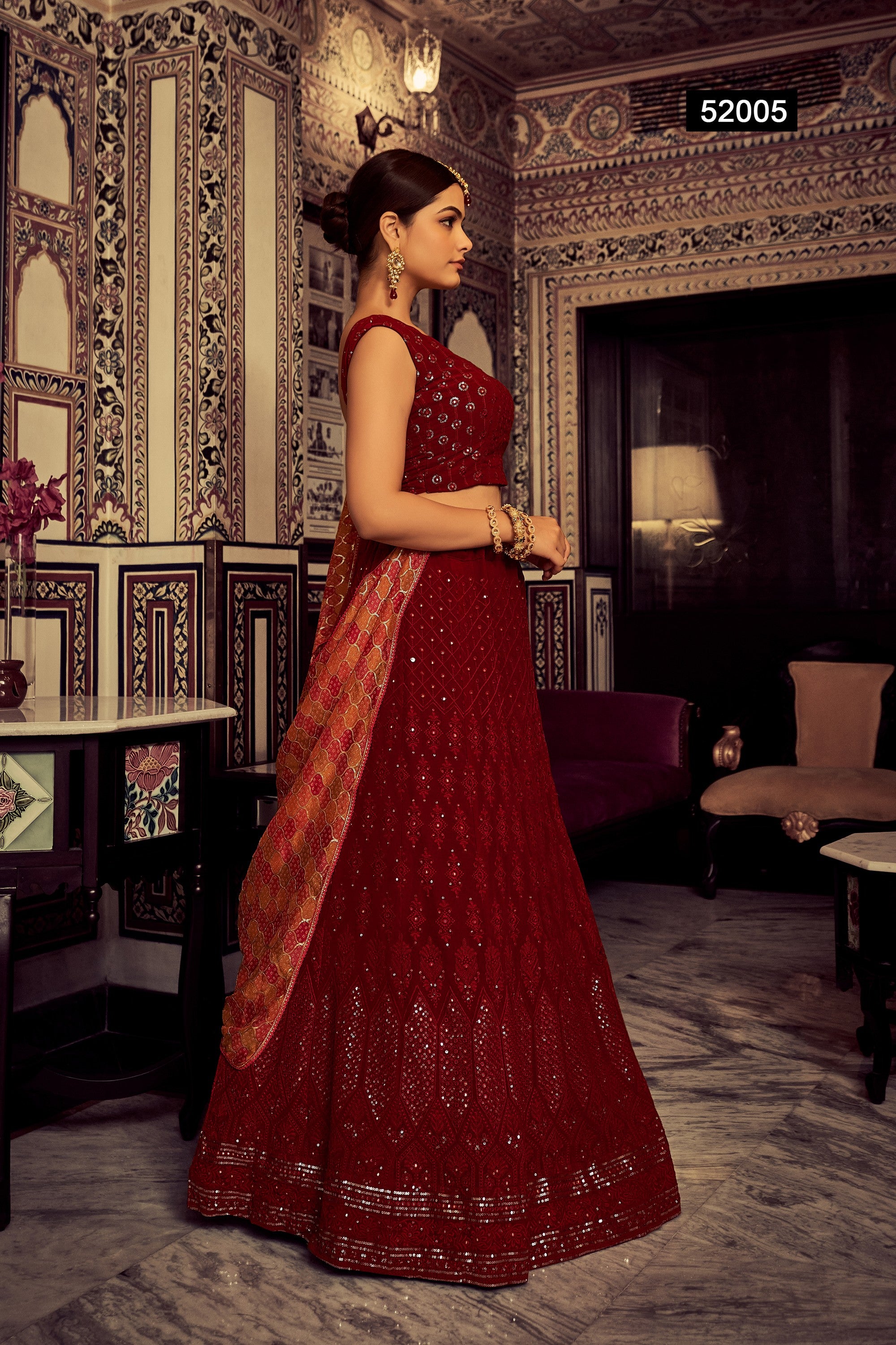 Dark Red Pakistani Georgette Lehenga Choli For Indian Festivals & Weddings - Sequence Embroidery Work, Thread Embroidery Work,