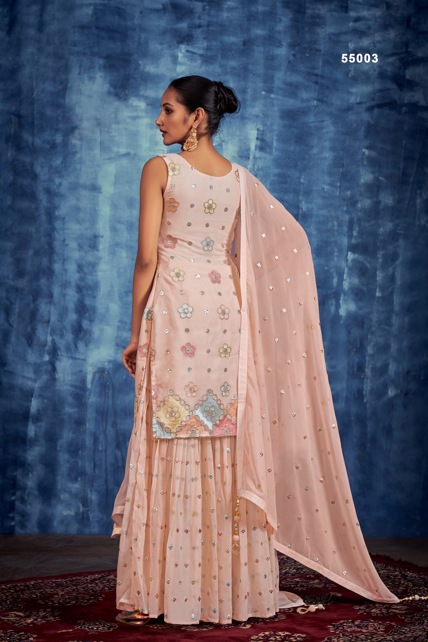 Peach Pakistani Georgette Sharara For Indian Festivals & Weddings - Sequence Embroidery Work, Thread Embroidery Work,