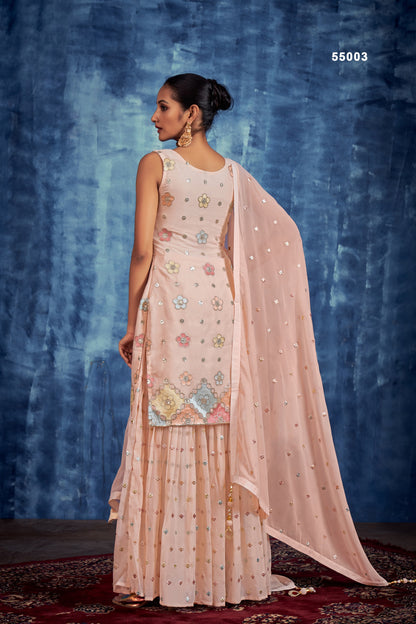 Peach Pakistani Georgette Sharara For Indian Festivals & Weddings - Sequence Embroidery Work, Thread Embroidery Work,