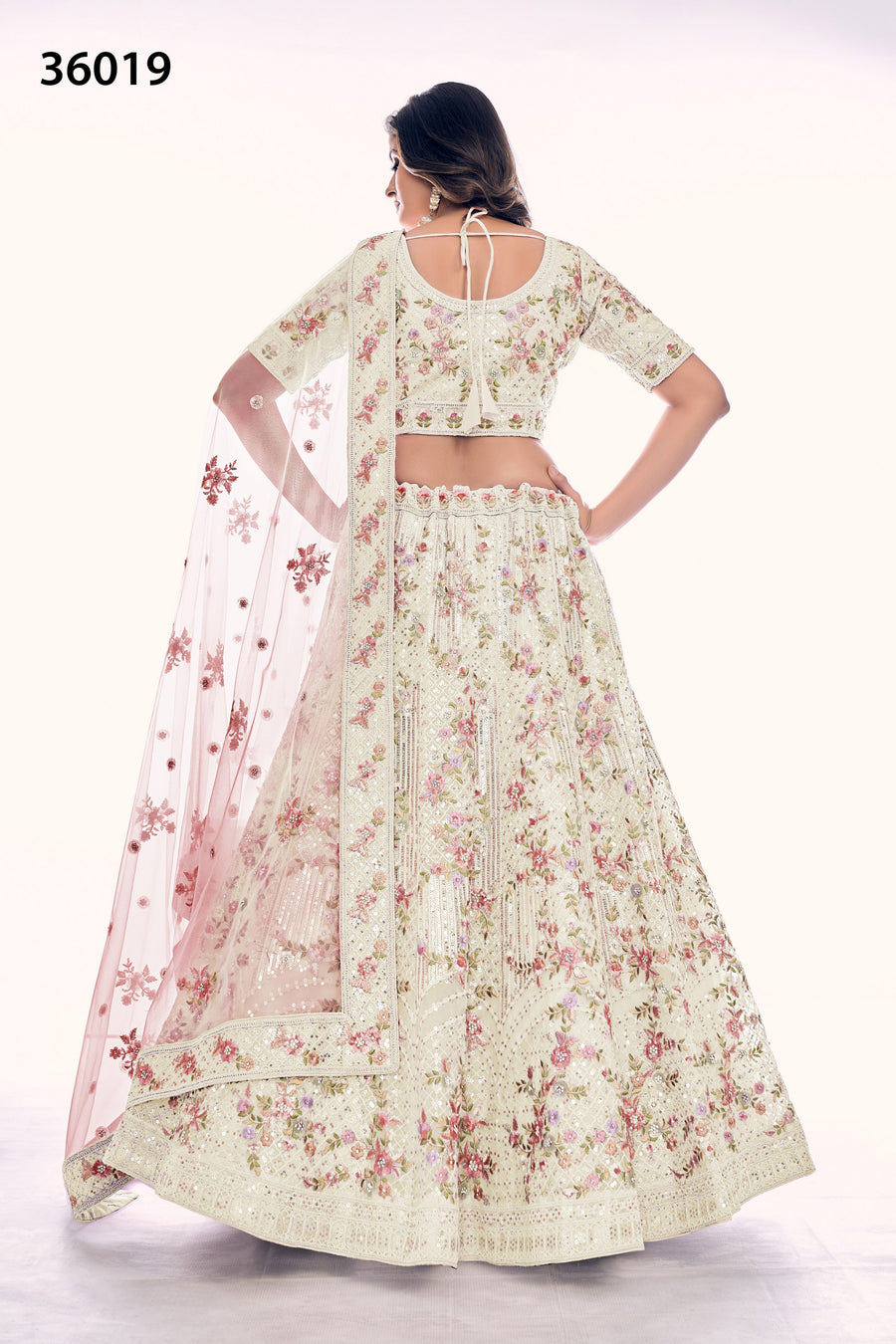 Off White Pakistani Net Lehenga Choli For Indian Festivals & Weddings - Sequence Embroidery Work, Thread Embroidery Work, Dori Work, Zarkan Work