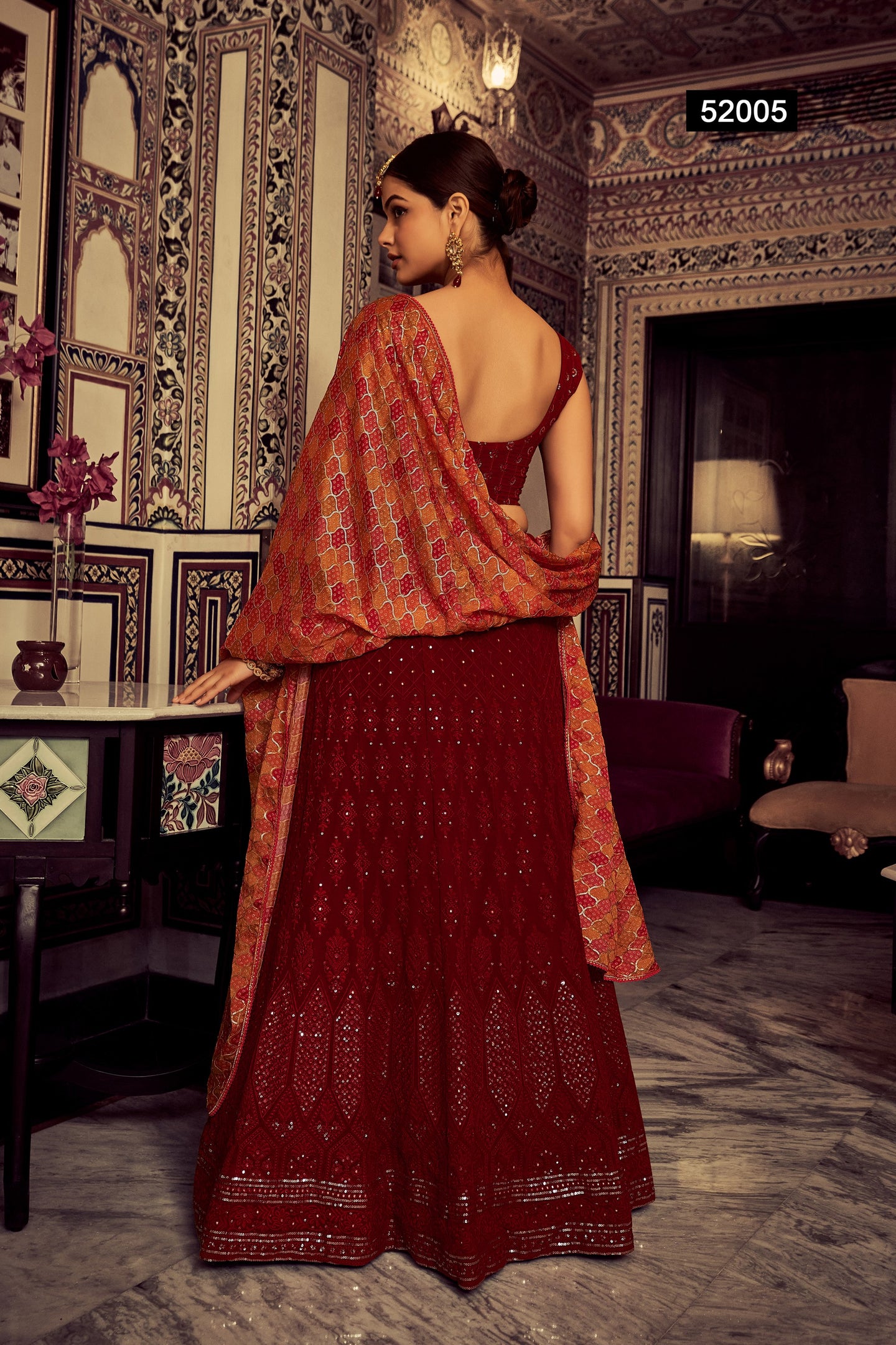 Dark Red Pakistani Georgette Lehenga Choli For Indian Festivals & Weddings - Sequence Embroidery Work, Thread Embroidery Work,