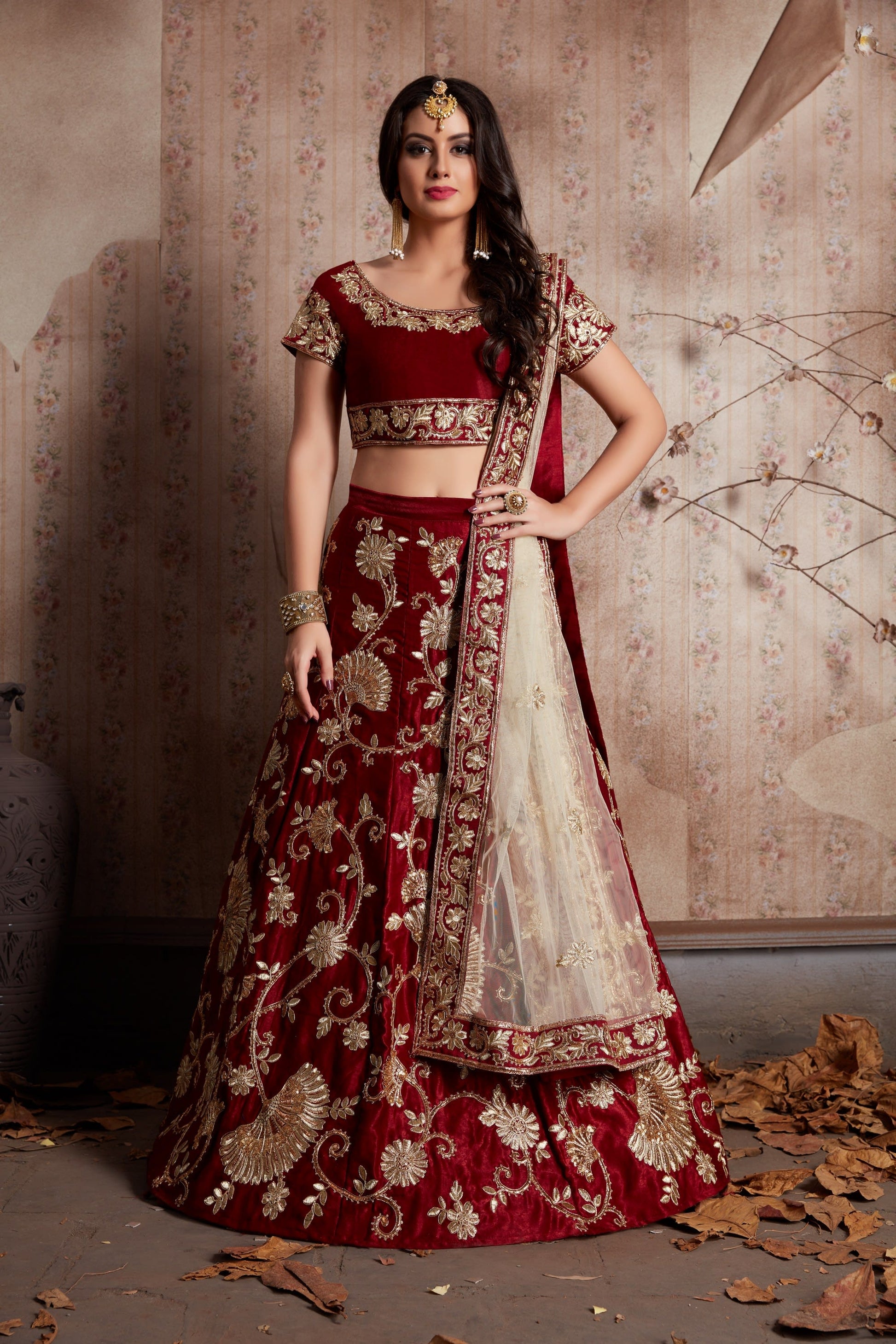 Maroon Pakistani Velvet Lehenga Choli For Indian Festivals & Weddings - Sequence Embroidery Work, Lace Work, Zari Work