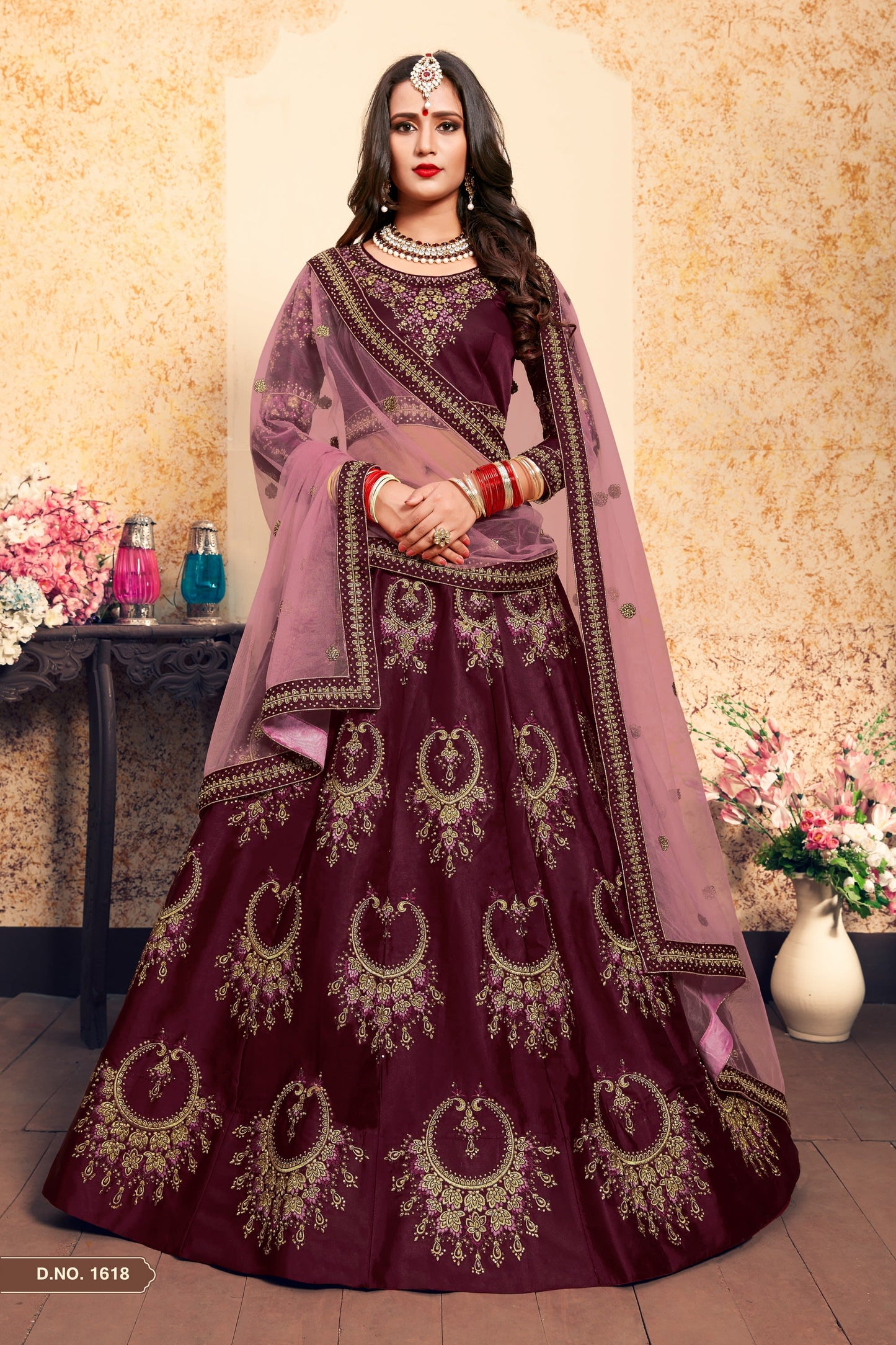 Brown Pakistani Satin Lehenga Choli For Indian Festivals & Weddings - Resham Embroidery Work, Stone Work, Zari Work, Pearl Work