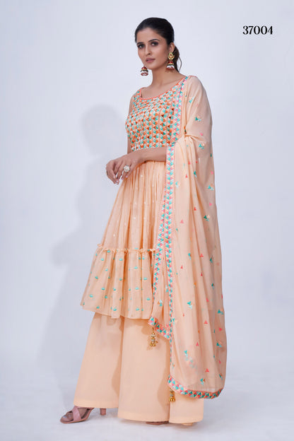 Peach Pakistani Chiffon Plazo For Indian Festivals & Weddings - Thread Embroidery Work, Mirror Work, Beads Work