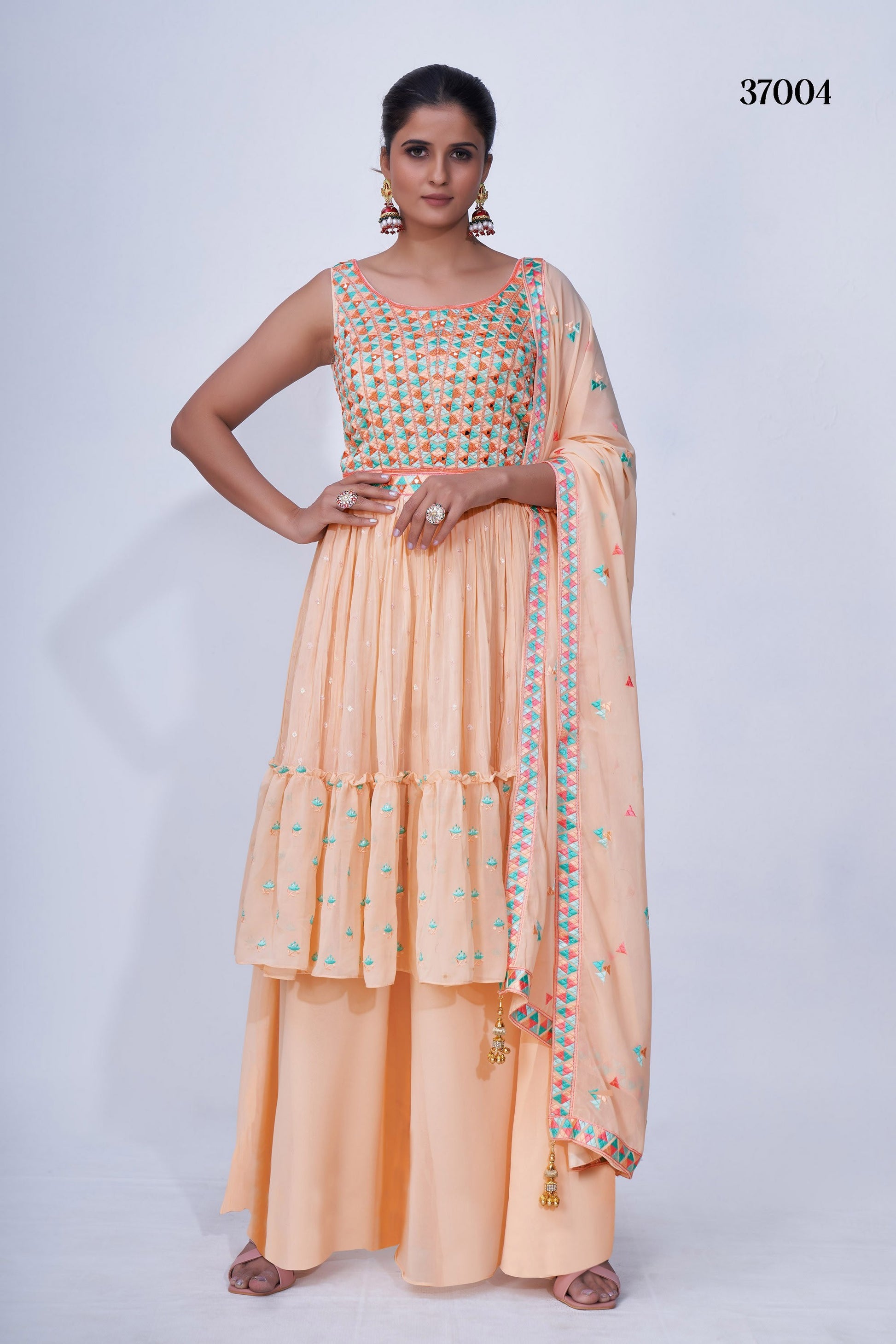 Peach Pakistani Chiffon Plazo For Indian Festivals & Weddings - Thread Embroidery Work, Mirror Work, Beads Work