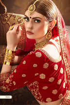 Red Pakistani Velvet Lehenga Choli For Indian Festivals & Weddings - Thread Embroidery Work,