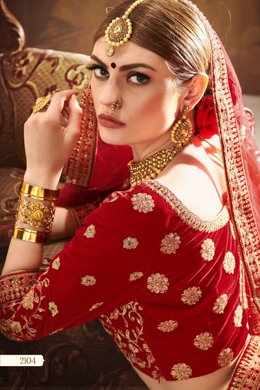 Red Pakistani Velvet Lehenga Choli For Indian Festivals & Weddings - Thread Embroidery Work,