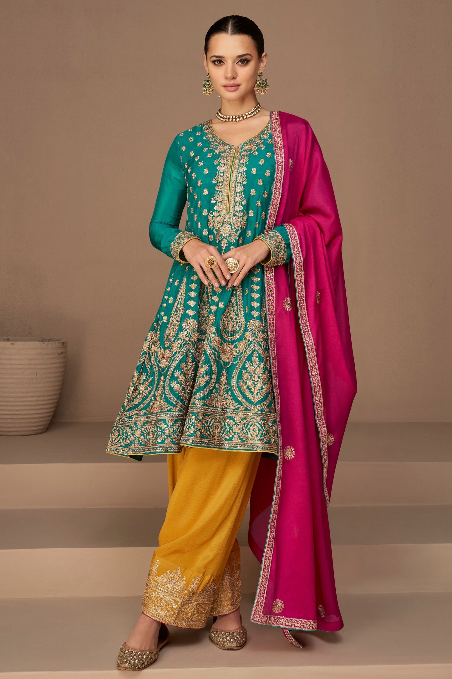 Teal Pakistani Chinon Salwar Kameez For Indian Festivals & Weddings - Thread Embroidery Work,