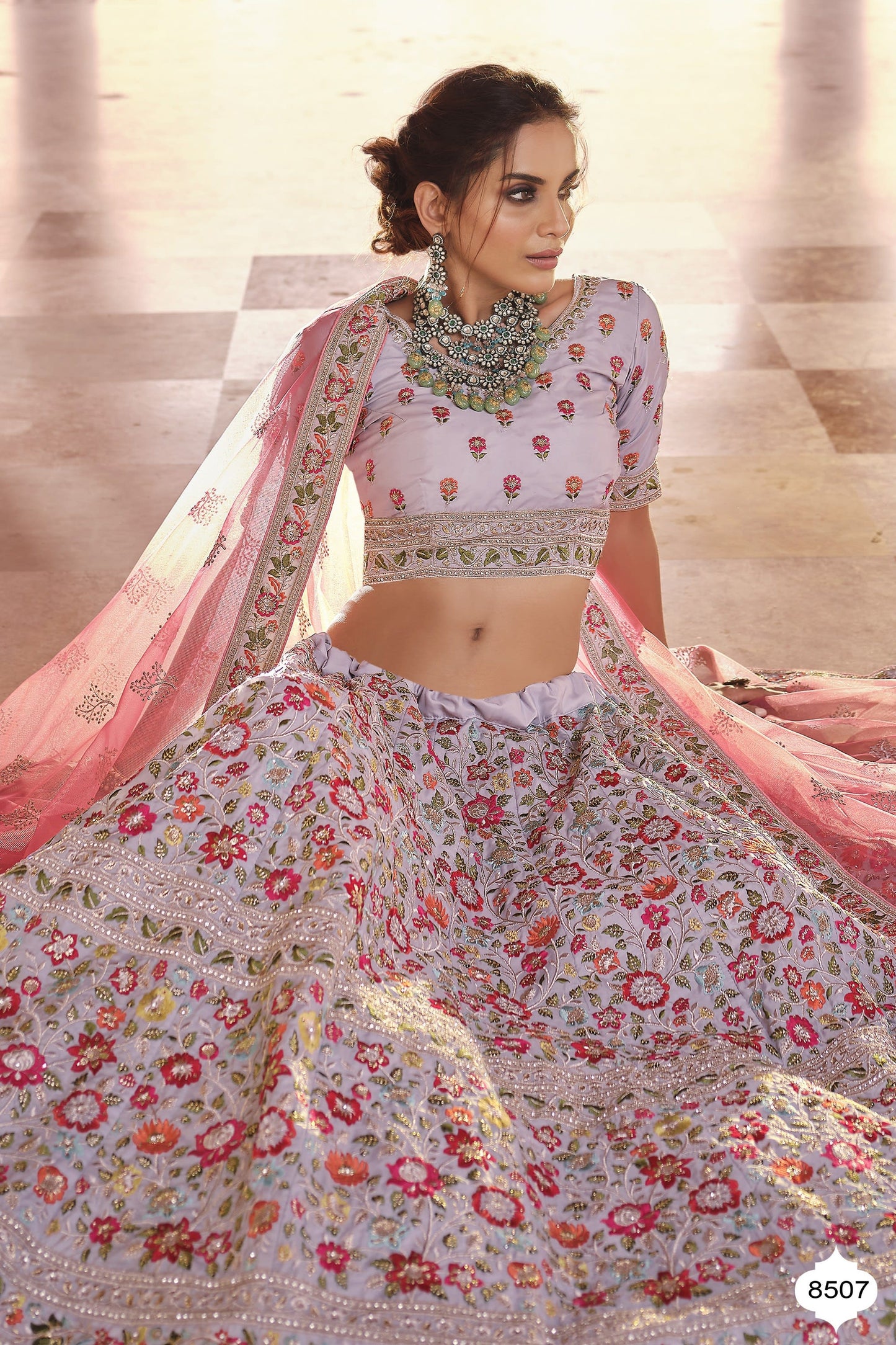 Grey Pakistani Crepe Lehenga Choli For Indian Festivals & Weddings - Thread Embroidery Work, Zari Work, Zarkan Work