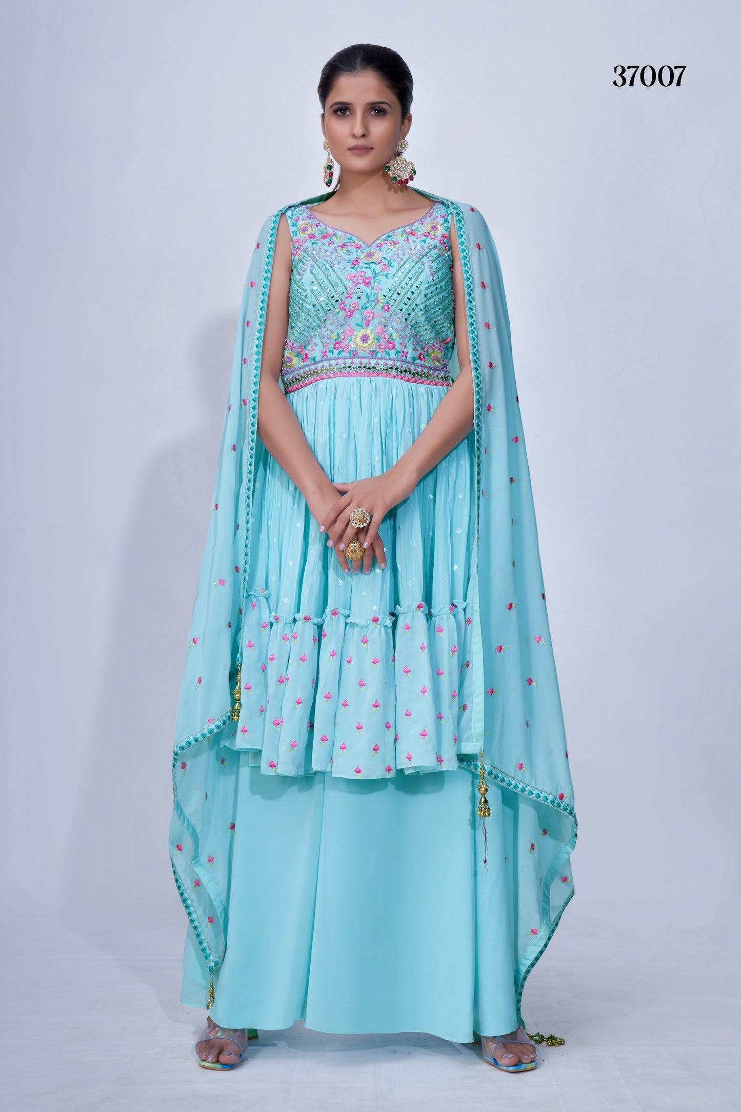 Turquoise Pakistani Chiffon Plazo For Indian Festivals & Weddings - Thread Embroidery Work, Mirror Work, Beads Work