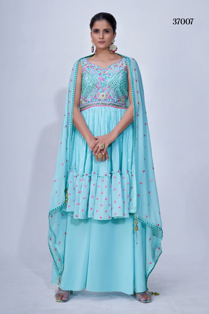 Turquoise Pakistani Chiffon Plazo For Indian Festivals & Weddings - Thread Embroidery Work, Mirror Work, Beads Work