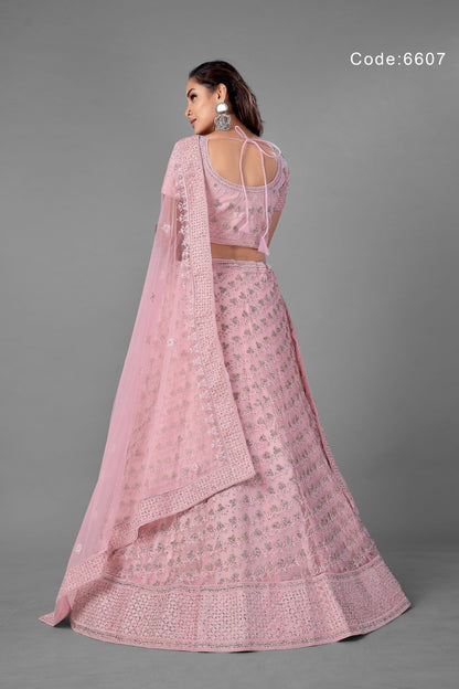 Pink Pakistani Net Lehenga Choli For Indian Festivals & Weddings - , Dori Work, Zarkan Work