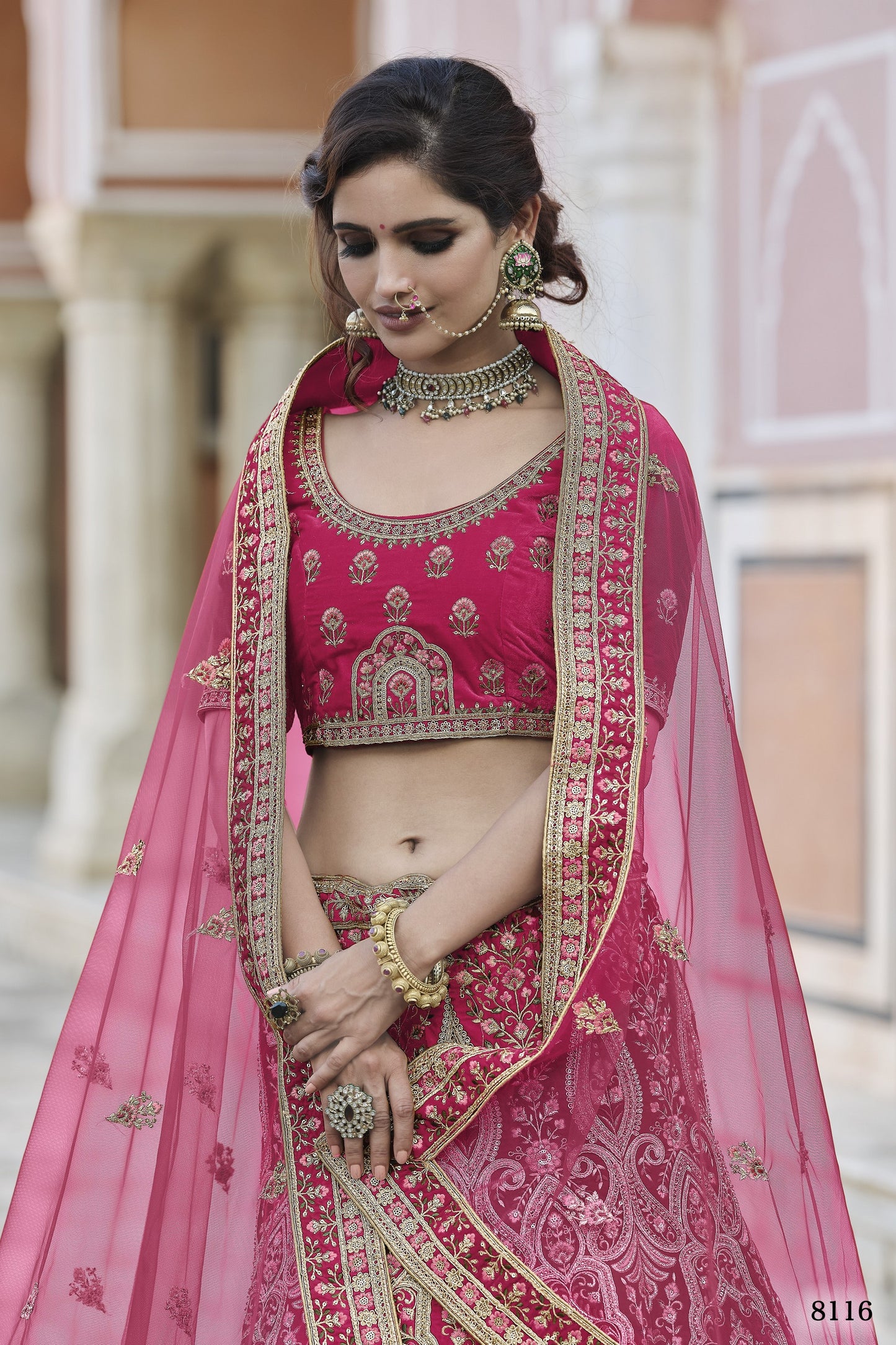 Pink Pakistani Velvet Lehenga Choli For Indian Festivals & Weddings - Thread Embroidery Work,