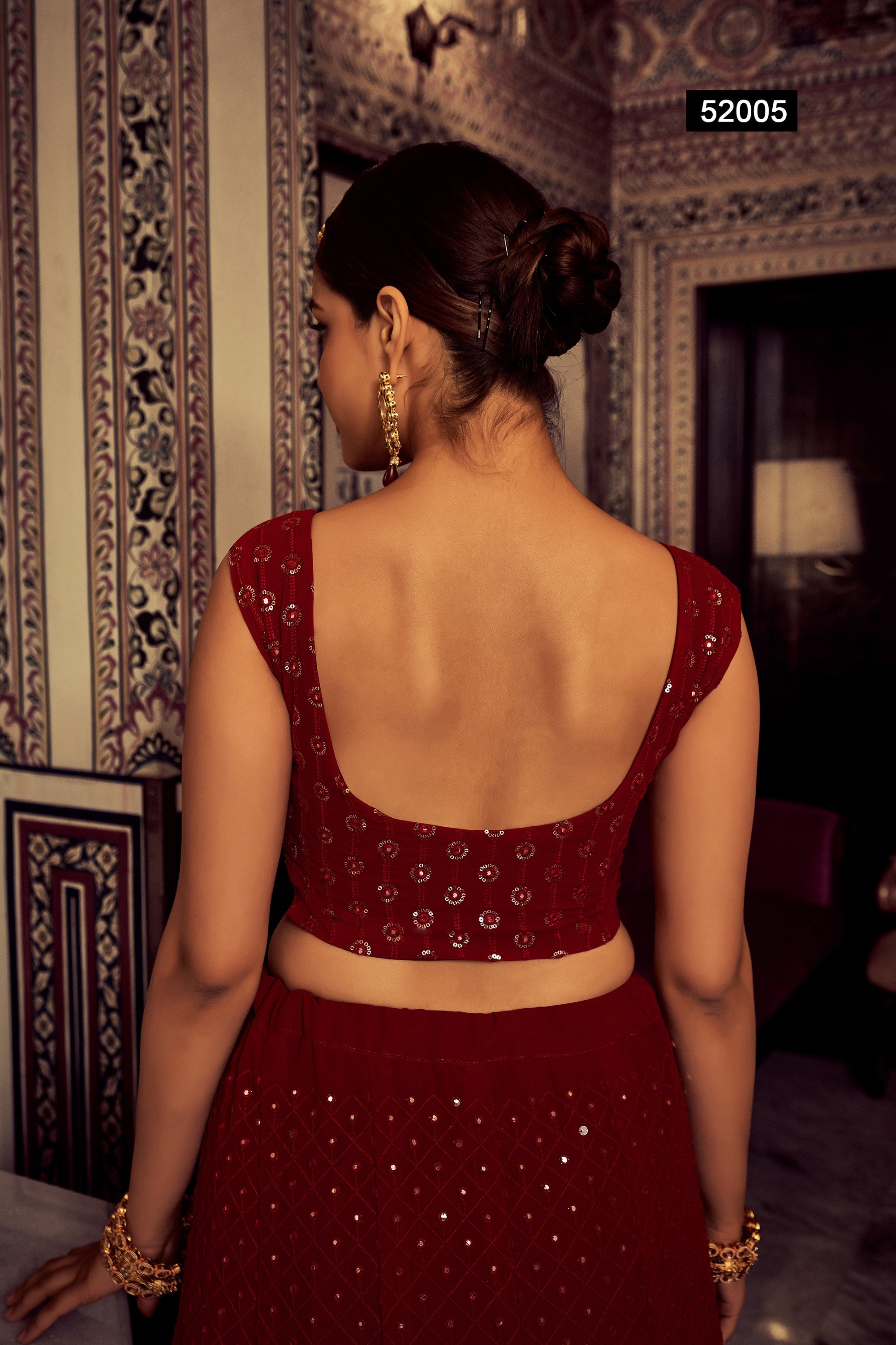 Dark Red Pakistani Georgette Lehenga Choli For Indian Festivals & Weddings - Sequence Embroidery Work, Thread Embroidery Work,