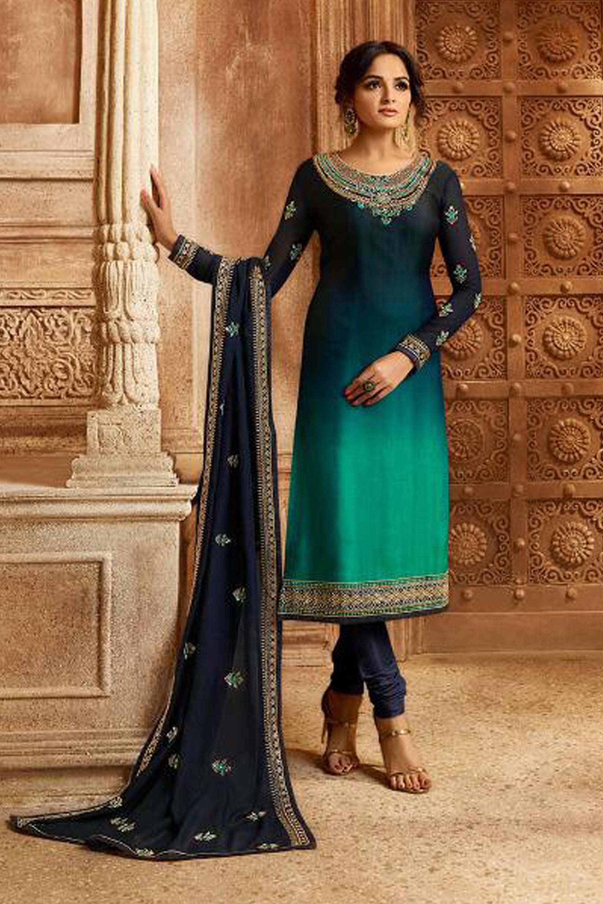 Aqua Blue Pakistani Satin Georgette Salwar Kameez For Wedding & Festival - Embroidery Work