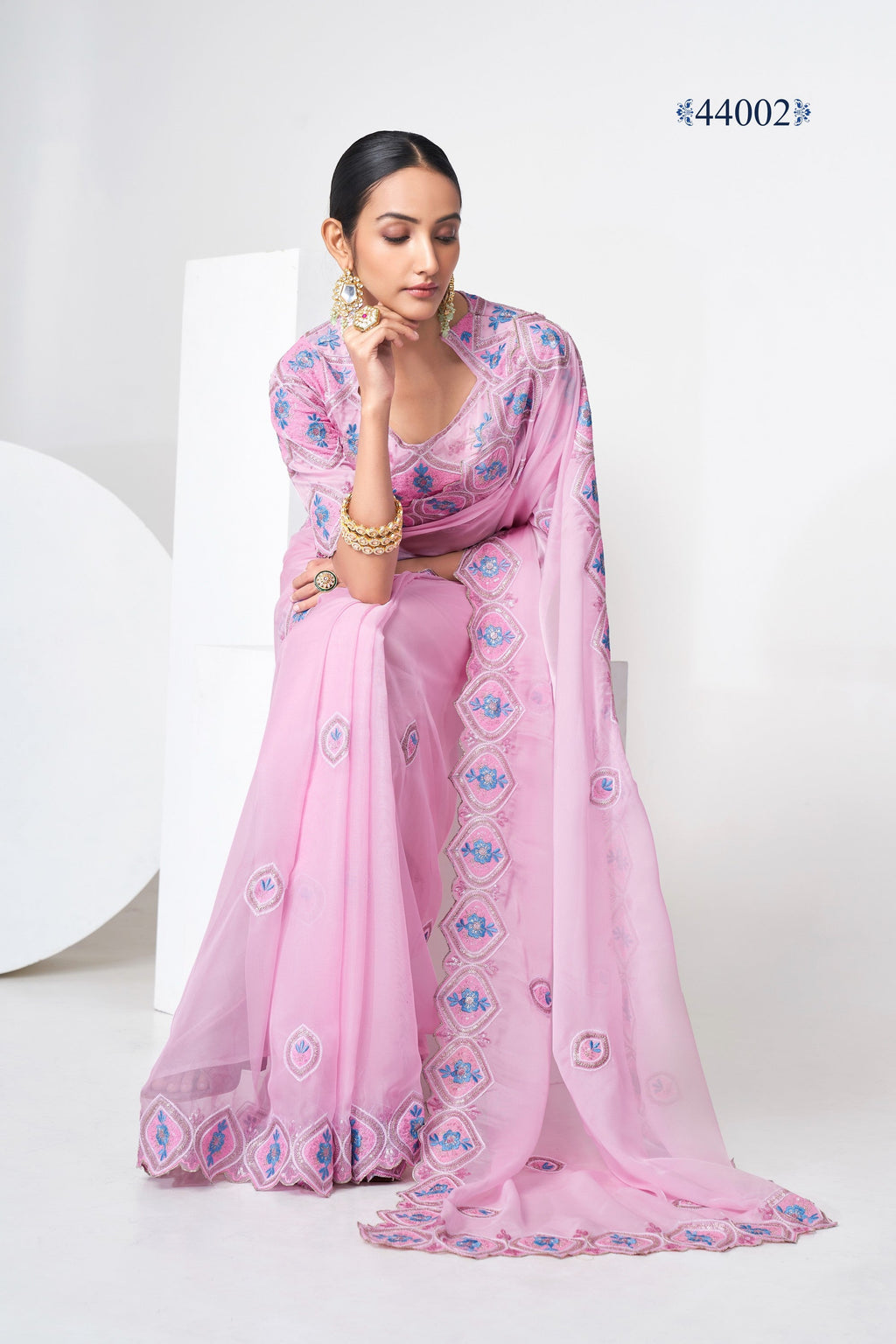 Baby Pink Indian Organza Saree For Indian Festivals & Weddings - Sequence Embroidery Work, Thread Embroidery Work,