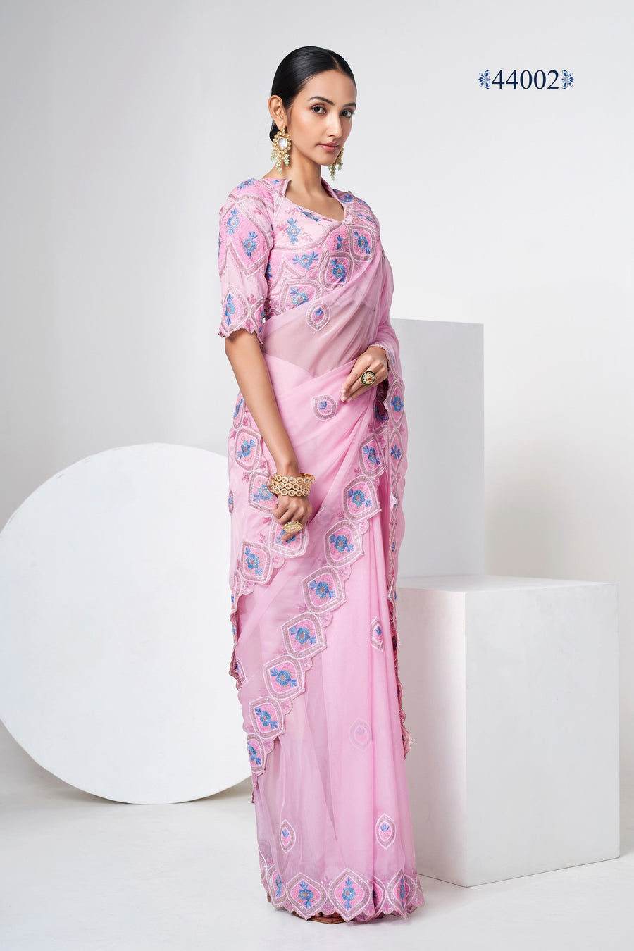 Baby Pink Indian Organza Saree For Indian Festivals & Weddings - Sequence Embroidery Work, Thread Embroidery Work,