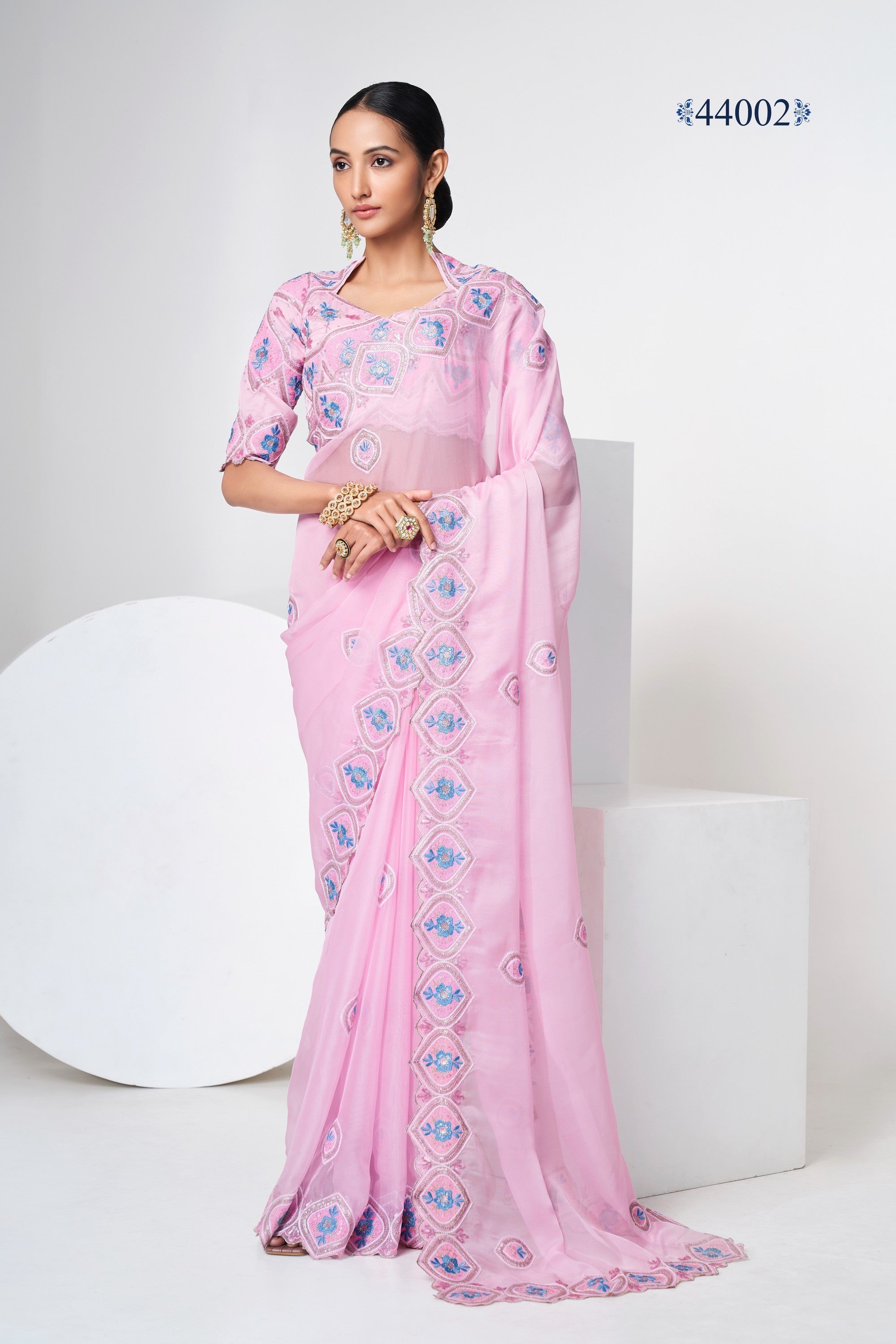 Baby Pink Indian Organza Saree For Indian Festivals & Weddings - Sequence Embroidery Work, Thread Embroidery Work,