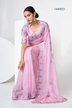 Baby Pink Indian Organza Saree For Indian Festivals & Weddings - Sequence Embroidery Work, Thread Embroidery Work,