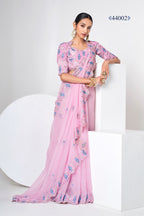 Baby Pink Indian Organza Saree For Indian Festivals & Weddings - Sequence Embroidery Work, Thread Embroidery Work,